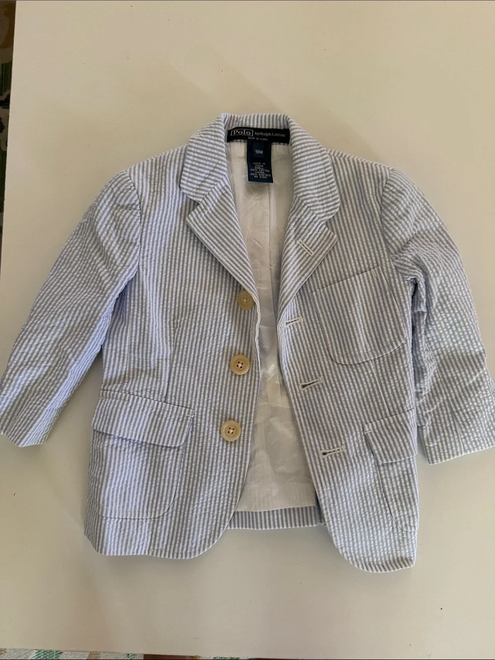 Ralph Lauren Kids Light Blue & White Striped Seersucker Blazer
